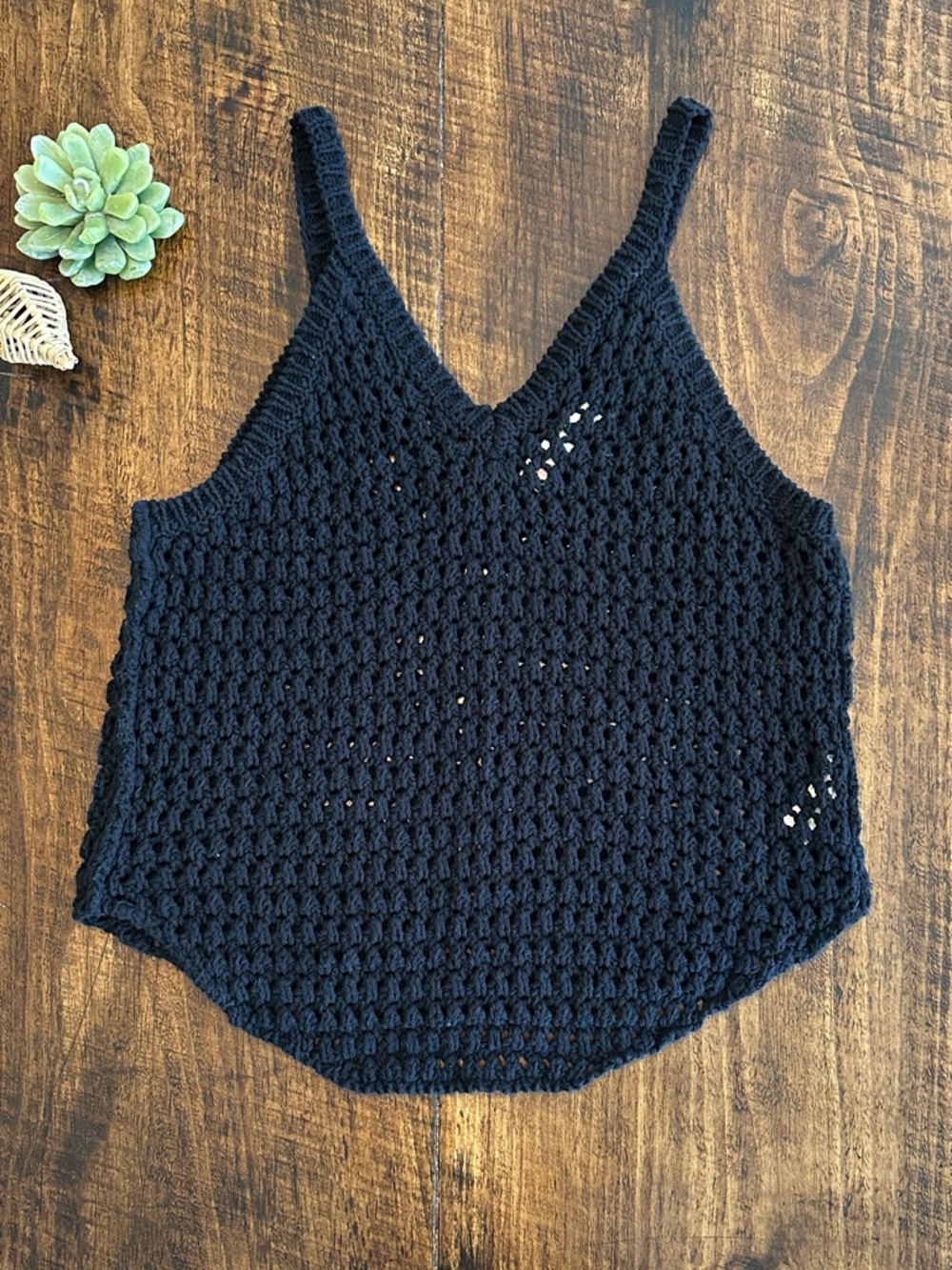 Free People Beach |  Black 100% Cotton Crochet V-Neck Tank Top, Size S